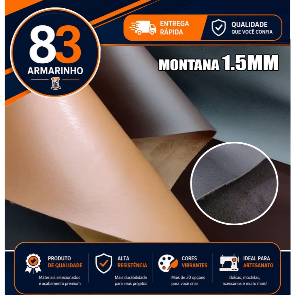 Montana Sintético 1,5mm Caramelo, Marrom e Preto, muito usado em Bolsa