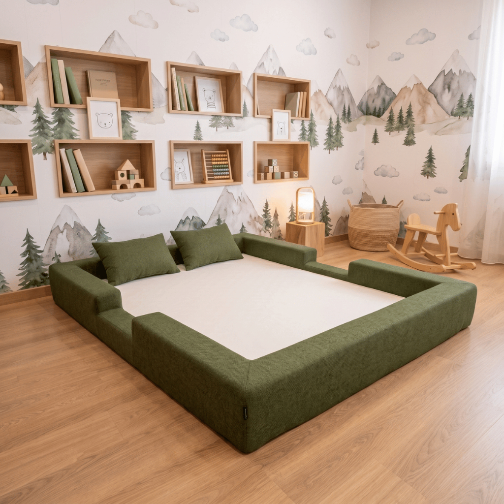 Cama Montessoriana Casal Ninho 100% Espuma Verde Militar Keiko