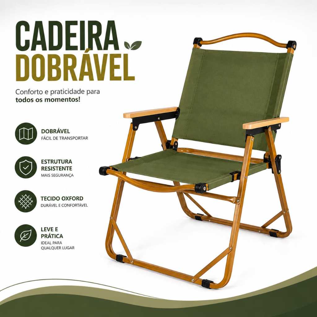 Cadeira Dobrável Idea para Camping Praia Oxford Verde com Braços em Madeira Portátil Reforçada