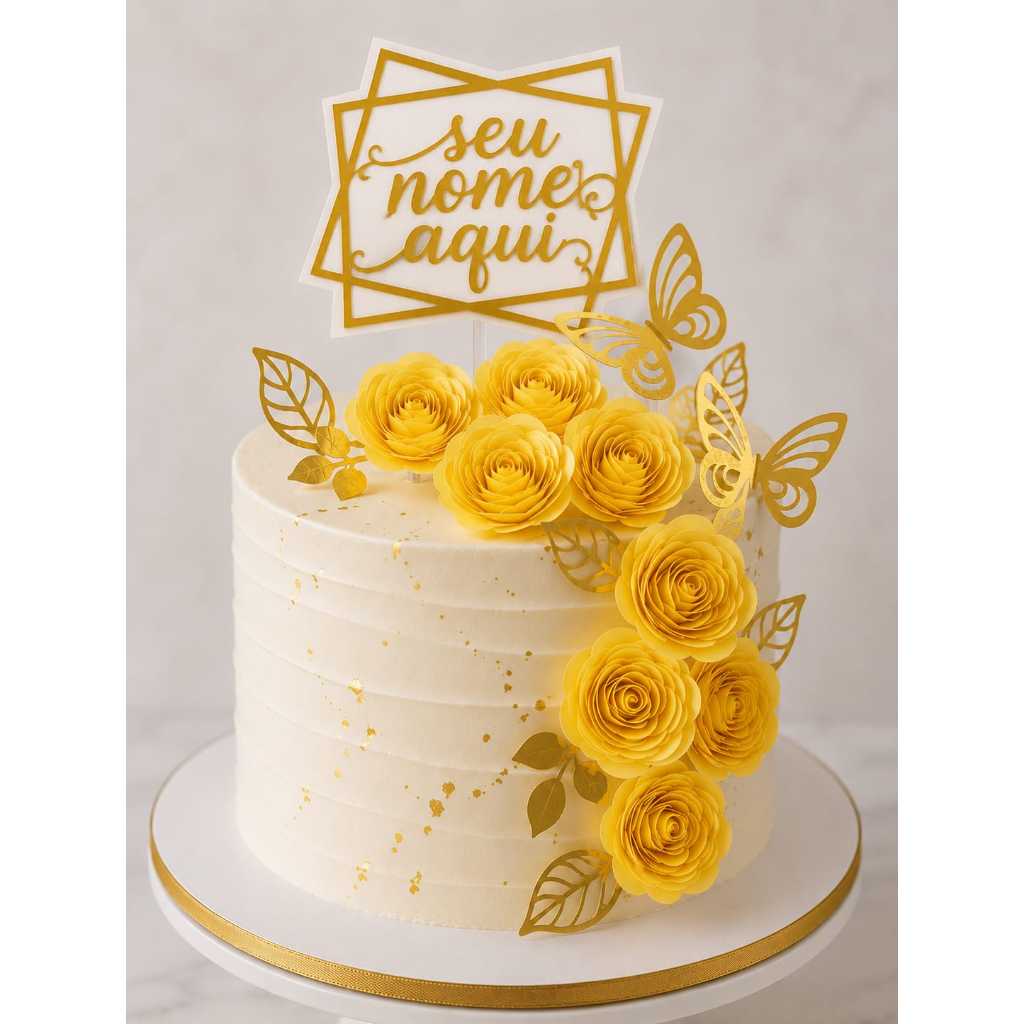 TOPO DE BOLO COM NOME PERSONALIZADO FLORES ENVIO IMEDIATO