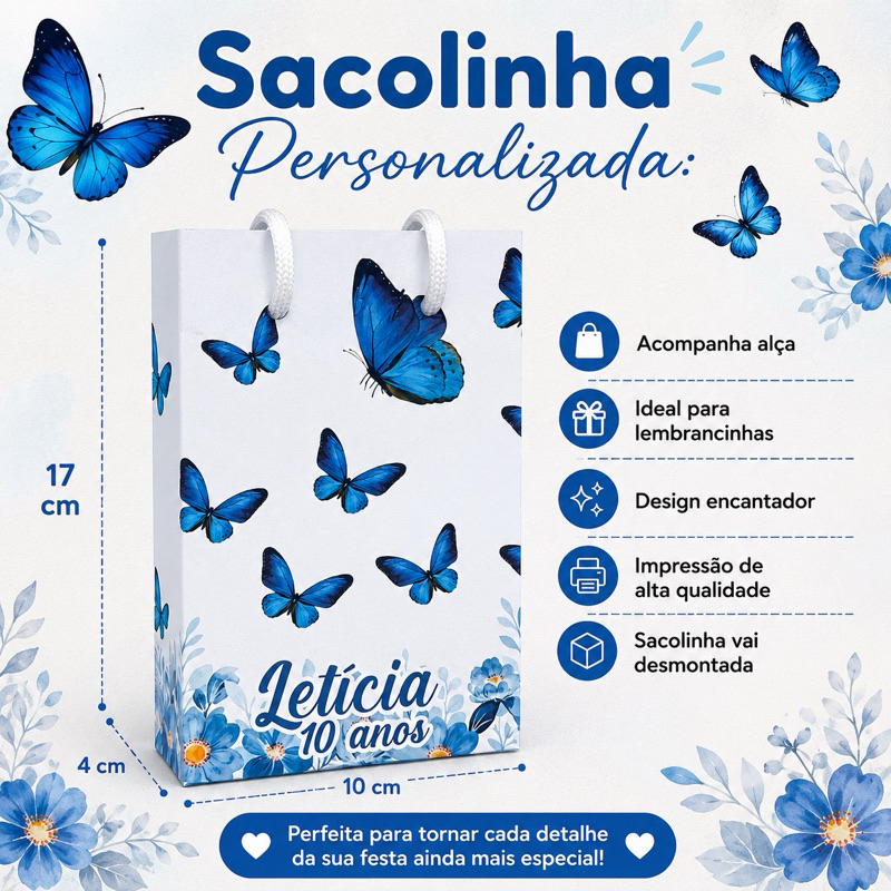 10 SACOLINHAS BORBOLETA AZUL Personalizadas - Sacolinha Surpresa Personalizada
