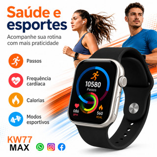 Smartwatch KW77 Max + Fone Notificações WhatsApp e 7 Pulseira 2.01 Esportivo Esportes
