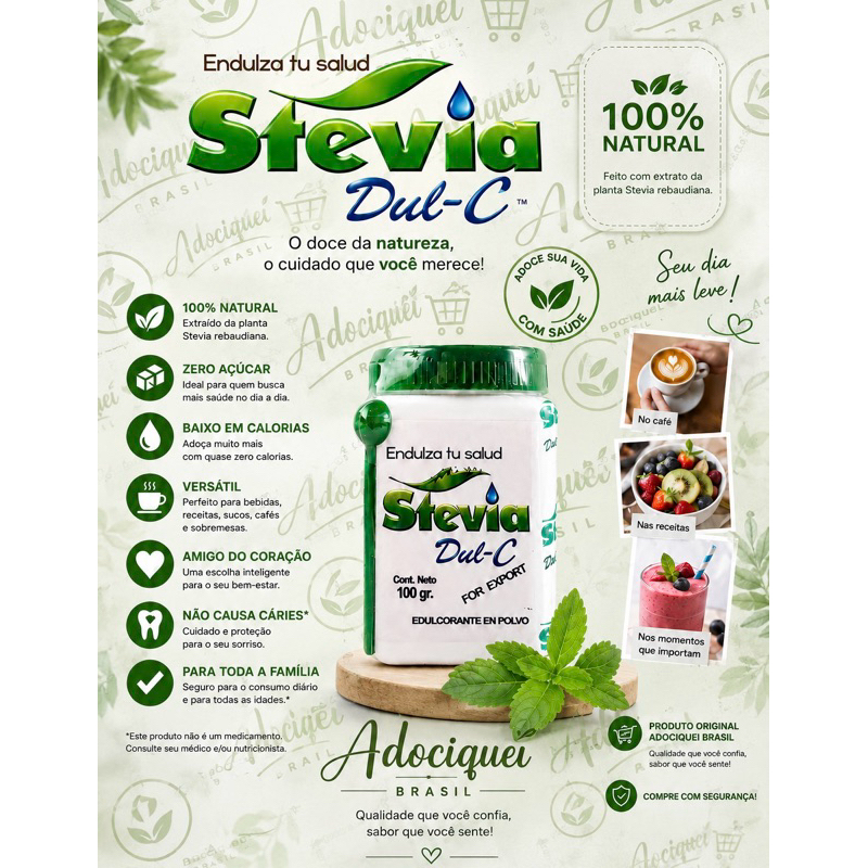 STEVIA DUL-C ADOÇANTE - 100% Natural, Zero Calorias, Vegano