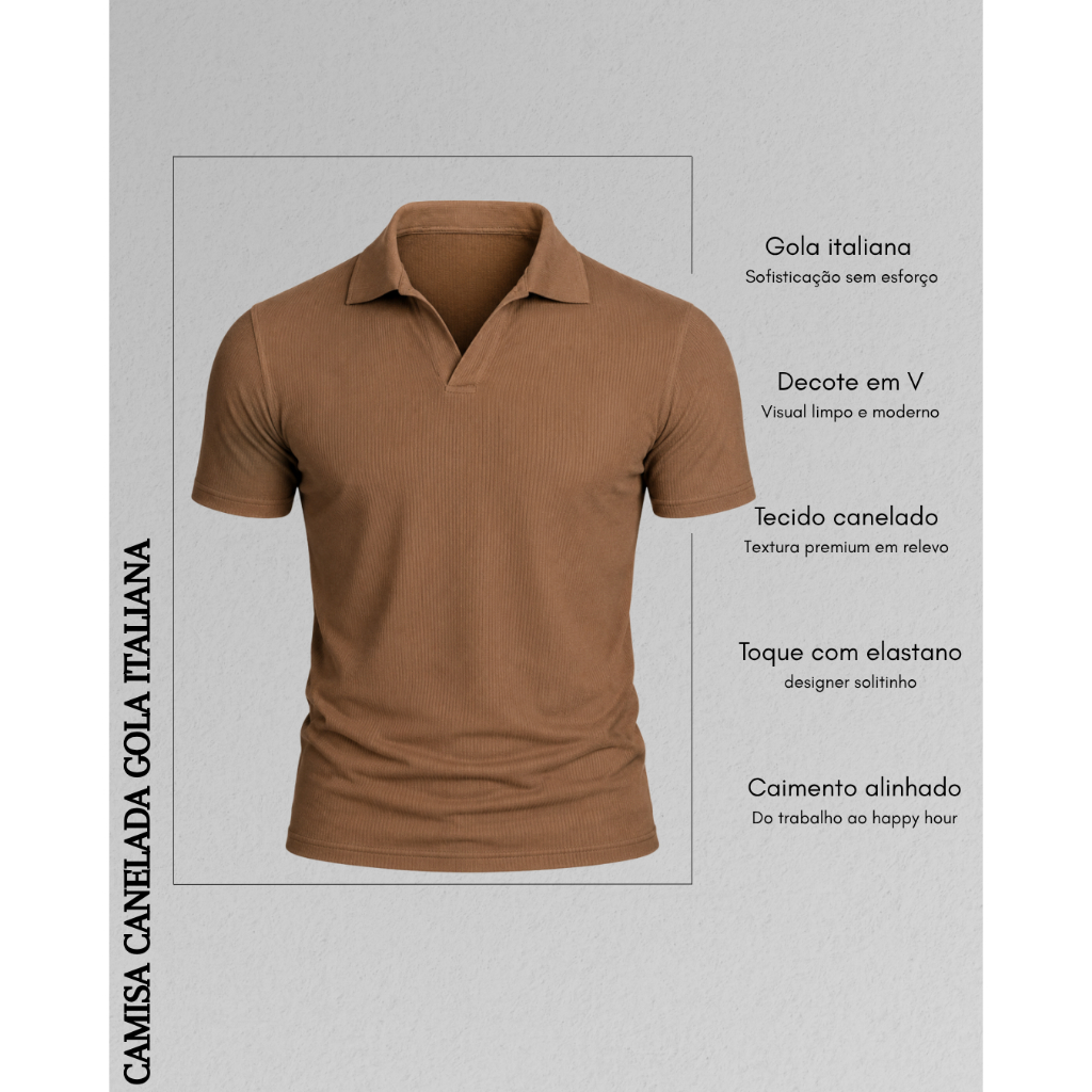 Detalhes do Kit 2 Camisa Polo Italiana Gola Decote em V Malha Canelada Camiseta Texturizada