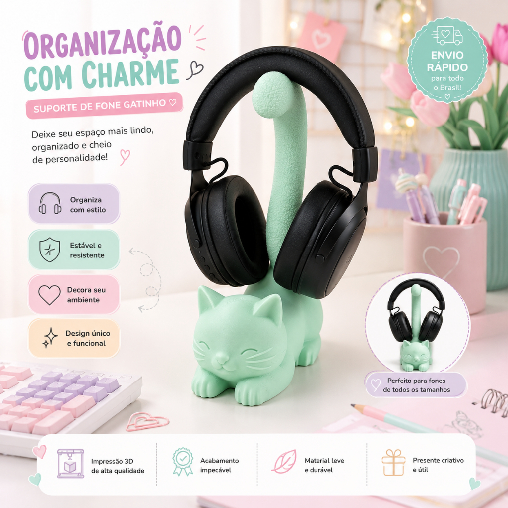Suporte para Fone Gatinho 3D | Organizador de Mesa Decorativo para Headset Gamer
