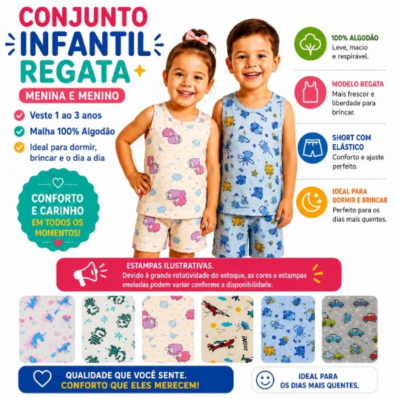 Kit Pijama Infantil Verão Regata e Short Menino Menina Roupa Infantil 100% Algodão 1 a 3 Anos