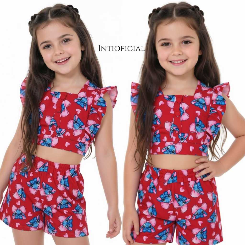 CONJUNTO STICH INFANTIL MENINA CROPPED + SHORTS ESTAMPADO VERÃO MODA BLOGUEIRINHA FASHION 2 PEÇAS LANÇAMENTO