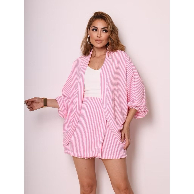 Conjunto Listrado Feminino Kimono e Shorts Cintura Alta Soltinho Elegante