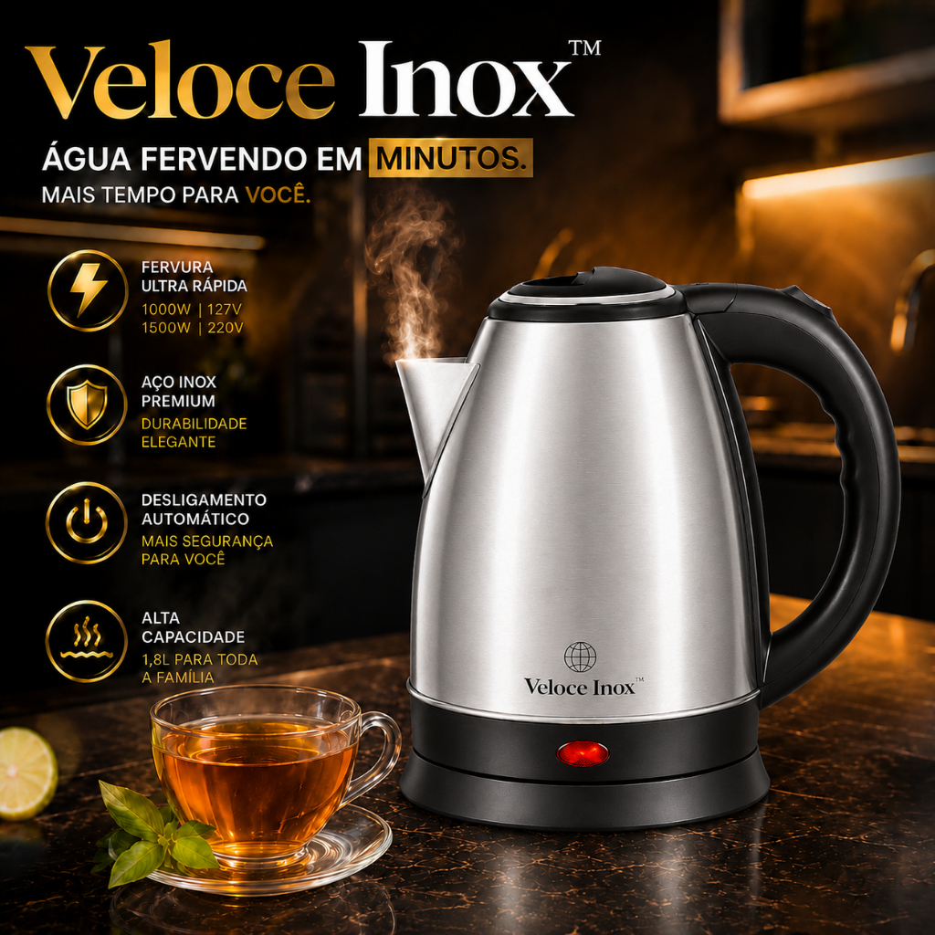Chaleira Elétrica de Aço Inox 1.8L 127V/220V Potente - Ferve agua rápido com Desligamento Automático
