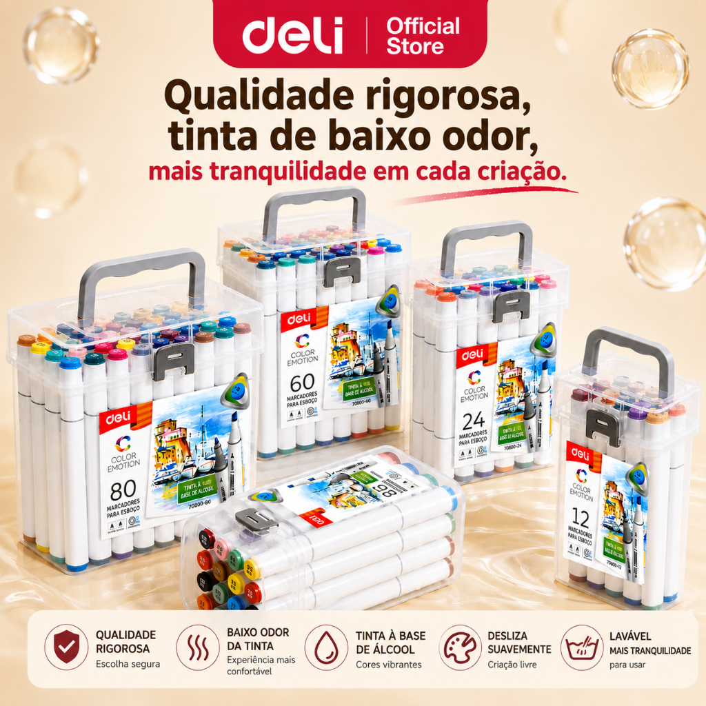 Kit Marcador Deli Dupla Ponta 12/24/36/48/60/80 Cores Álcool Baixo Odor Triangular Escola Casa