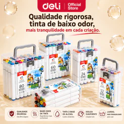 Kit Marcador Deli Dupla Ponta 12/24/36/48/60/80 Cores Álcool Baixo Odor Triangular Escola Casa