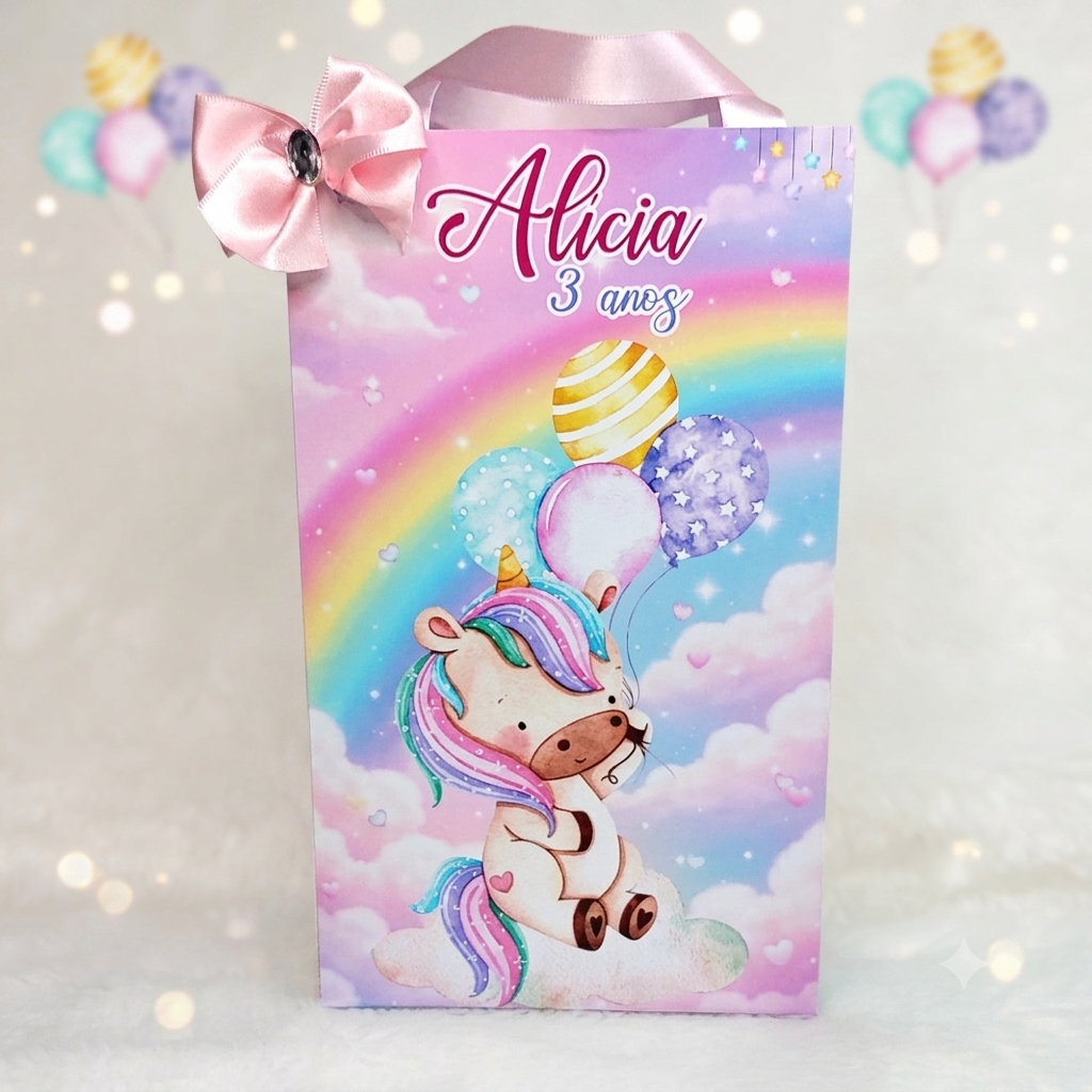 Sacolinha personalizada Unicórnio tam M com laço | lembrancinha Unicórnio | festa | aniversario | mesversario