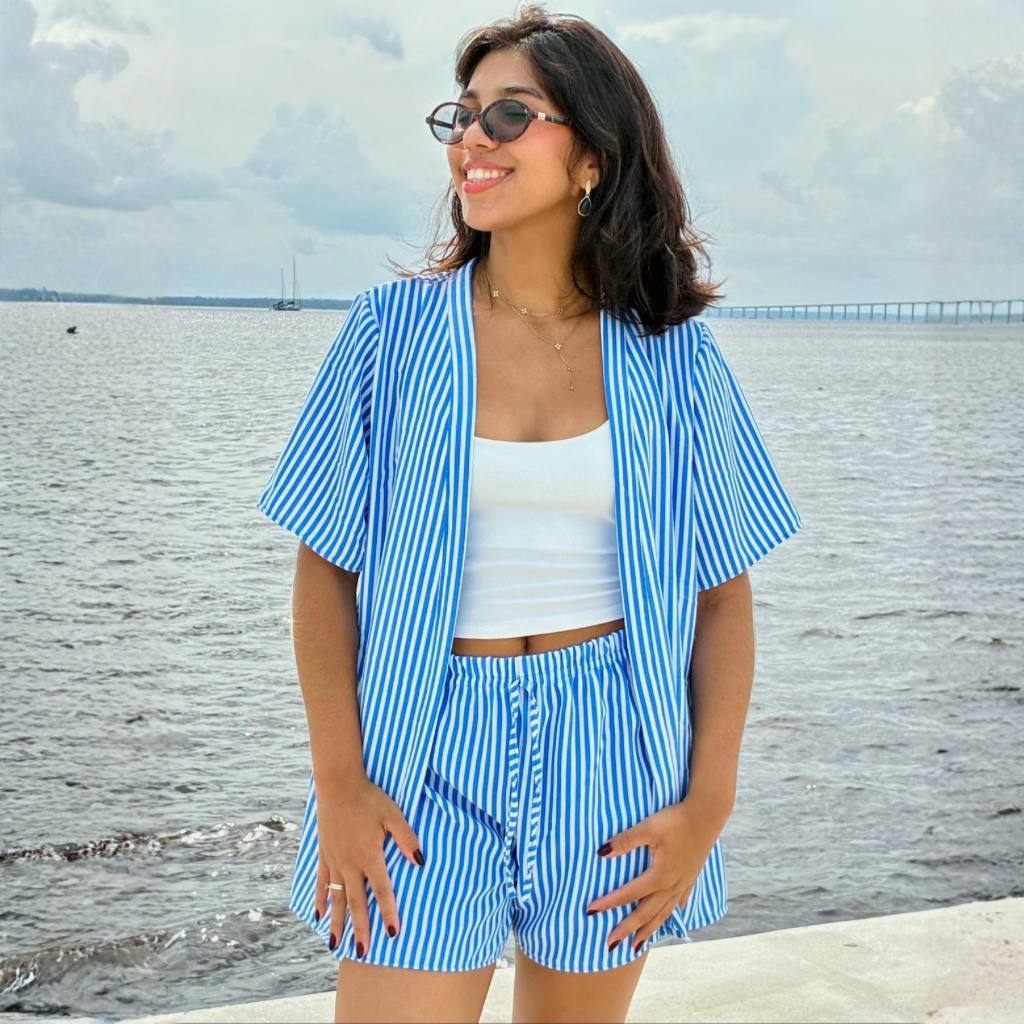 Conjunto Feminino Crepinho Listrado Kimono E Short Verão Soltinho Confortável Moda Blogueira⁠