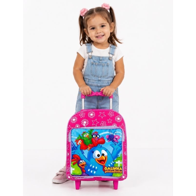 Mochila Escolar Infantil de Rodinhas Galinha Pintadinha Creche Menina Rosa Reforçada