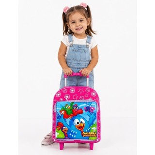 Mochila Escolar Infantil de Rodinhas Galinha Pintadinha Creche Menina Rosa Reforçada