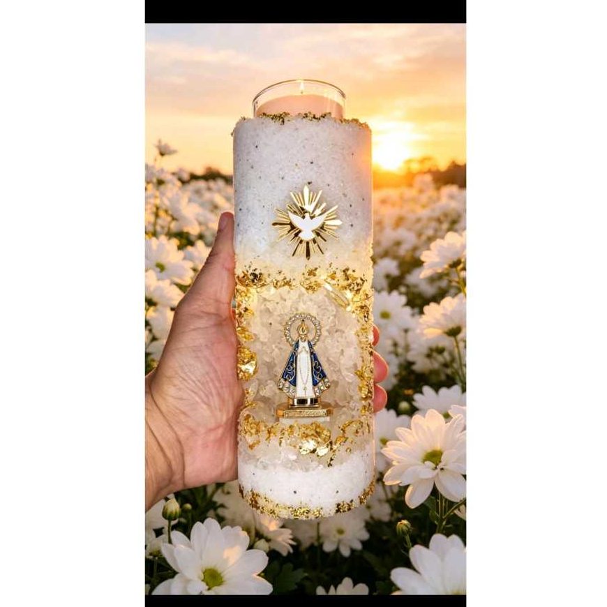 Vela Aromática Oratório Gruta Branca com pedra Natural Nossa Senhora Aparecida Fé Proteção e Decoração Para o Lar