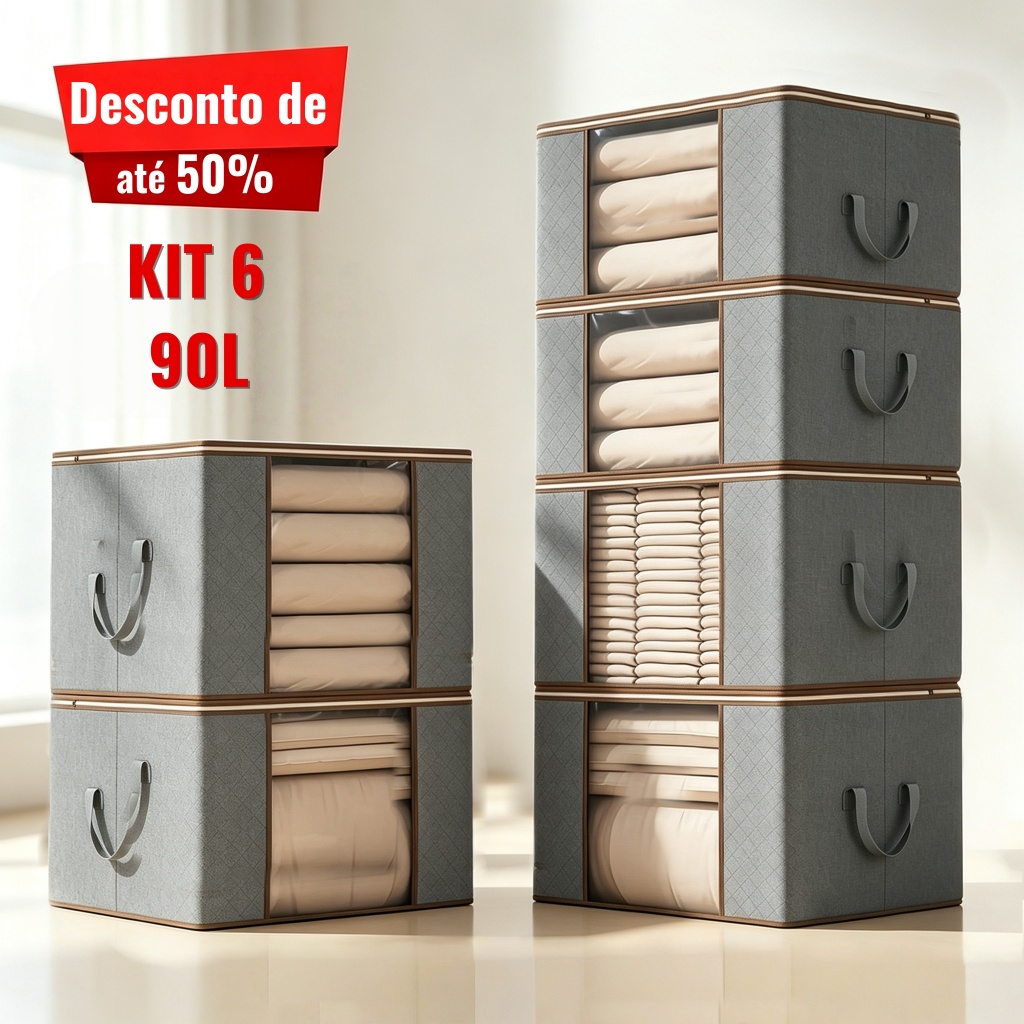Kit com 6 Caixa Saco Organizador Cobertor Casaco Guarda Roupa Ecológico Anti-Poeira Umidade Insetos Multiuso