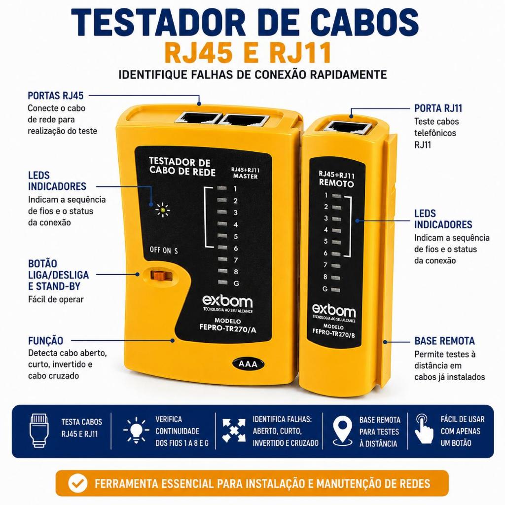 Testador de Cabo de Rede RJ45 RJ11 Detector de Continuidade Lan Ethernet Ferramenta para Cabos de Informática