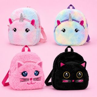 Mochila Infantil De Pelúcia Unicórnio Gatinho Super Macia Colorida Escolar