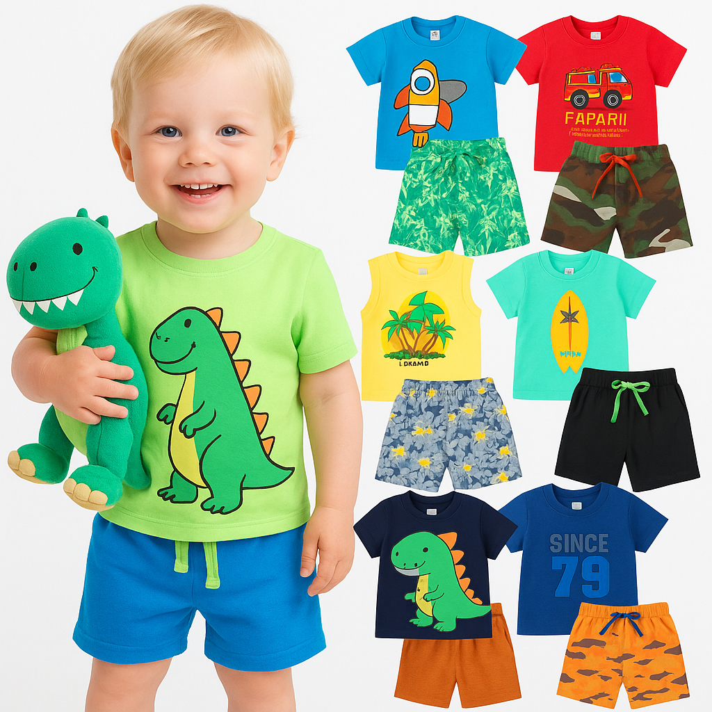 Kit Sortido 2 ou 4 Peças De Roupa Infantil Menino Verão Conjuntos Infantil Bebê Masculino Verão Camiseta e Shorts VERÃO