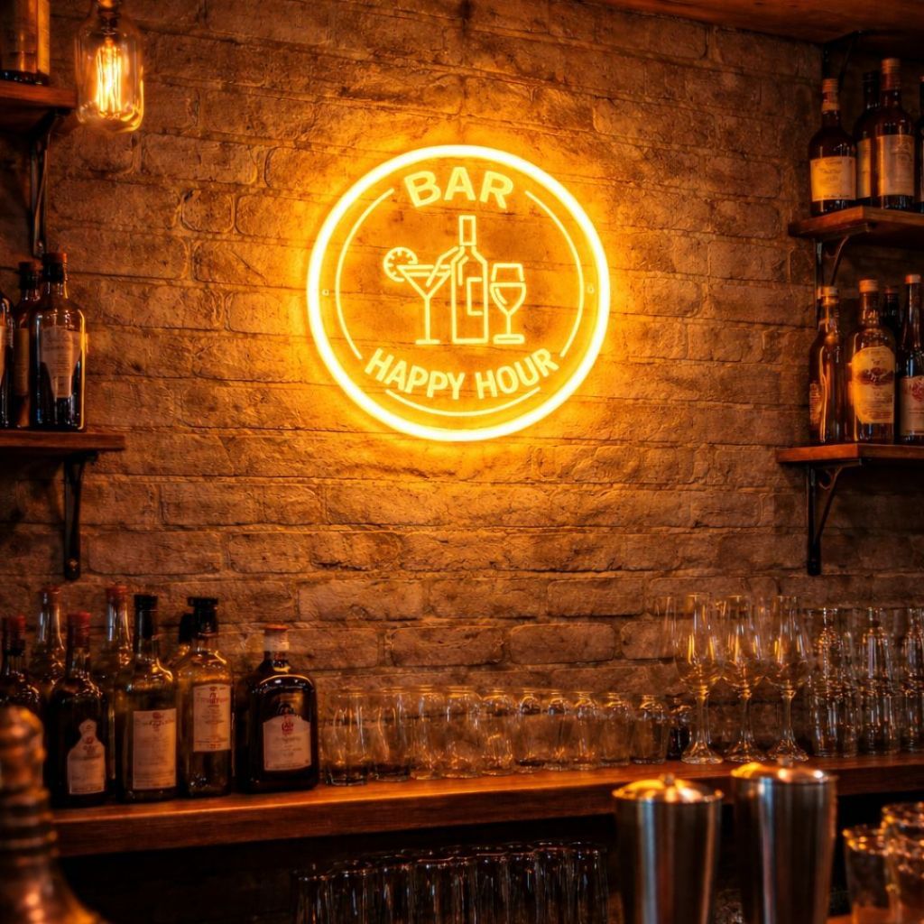 Luminária Decorativa LED 30x30cm para Bar/ Cervejaria / Pub / Área Gourmet - Placa Iluminada Neon Led - Happy Hour