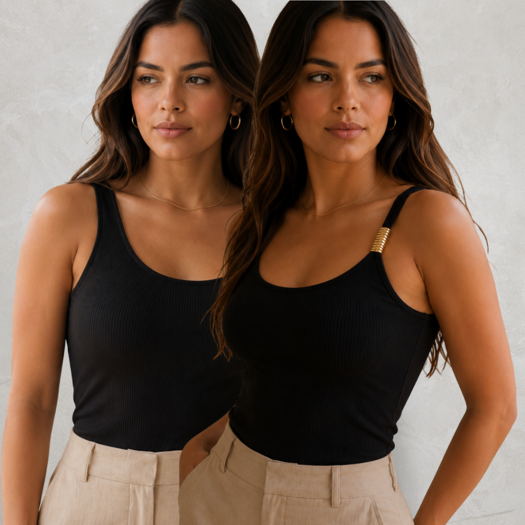 Regata Feminina Canelada Ribana Premium Com Bojo Alça Assimétrica Detalhe Dourado na Alça Moderna Elegante e Confortável