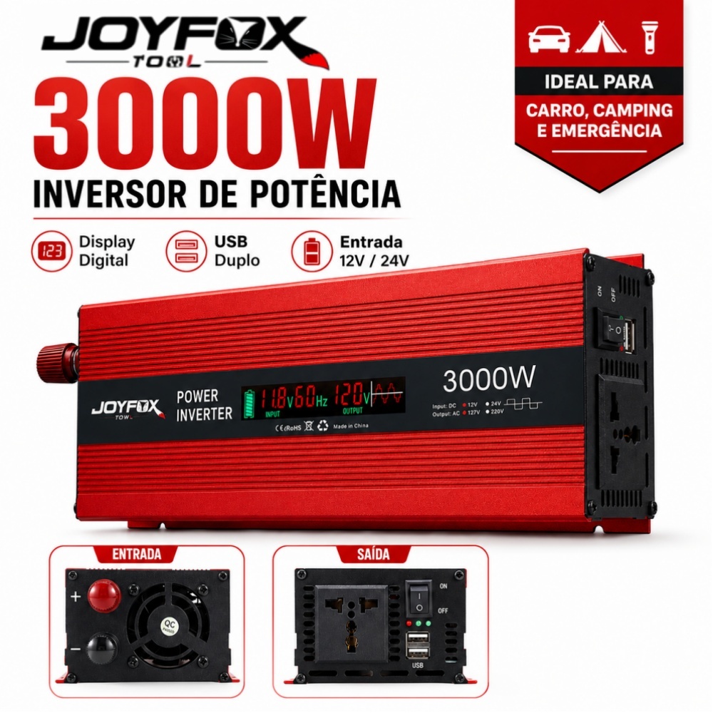 JOYFOX Inversor de Tensão 3000W 12V para 127V ou 220V 60Hz Onda Senoidal Modific