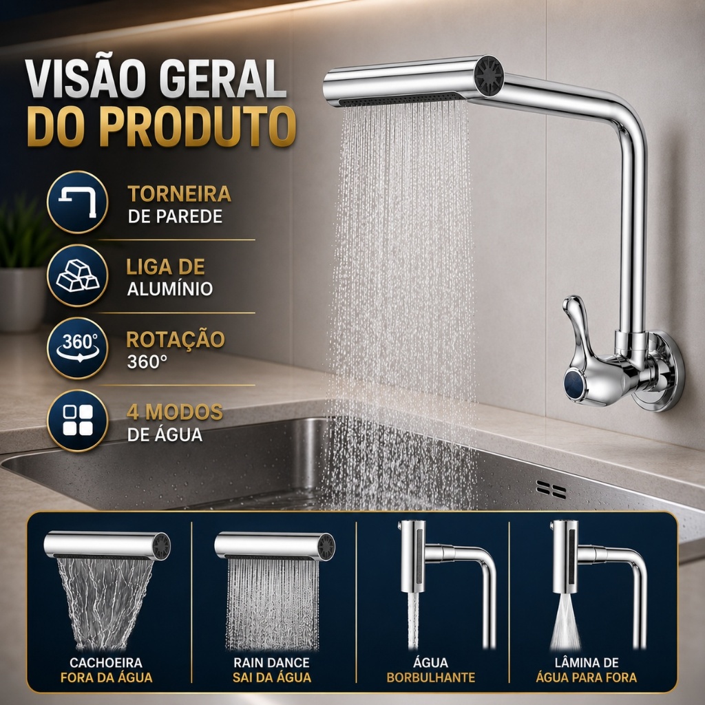 Torneira De Cozinha Cascata 360 Rotação 4 Funções Bocal De Alta Pressão Misturadora De Pia Para Cozinha Na Parede