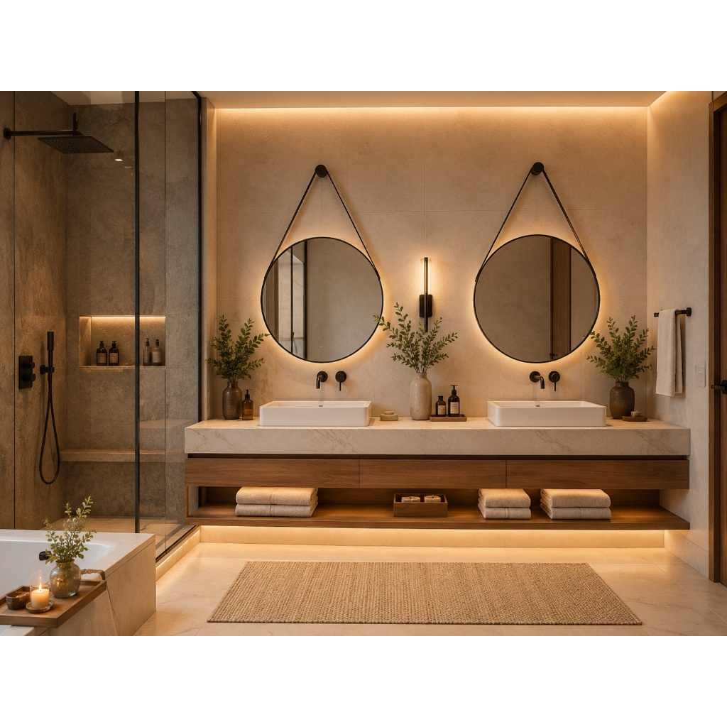 Kit 2 Espelhos Redondos Adnet 50cm com Alça de Couro com Suporte Decorativo para Banheiro, Sala, Quarto, Lavabo e Hall