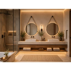 Kit 2 Espelhos Redondos Adnet 50cm com Alça de Couro com Suporte Decorativo para Banheiro, Sala, Quarto, Lavabo e Hall