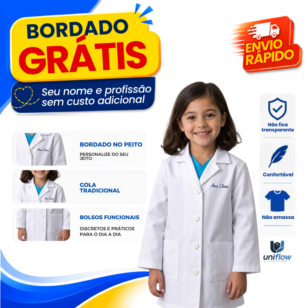 Jaleco Infantil UNISSEX, Fantasia, Médico, Dentista, Veterinário, Cientista - Laboratório Escolar