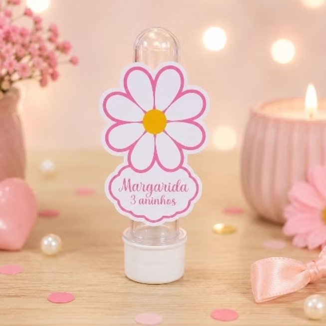Aplique para tubete Margaridas Rosa Personalizados - Lembrancinha - Festa Infantil - Aniversário - Decoração