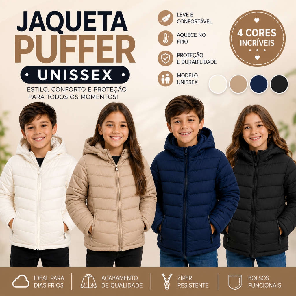 Jaqueta Puffer Infantil Unissex Forrada Pelinho Touca Ziper Removivel Menino Menina 6 a 16 anos