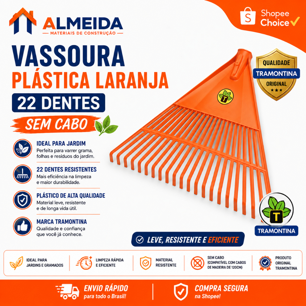 Vassoura Plastica Laranja com 22 Dentes sem Cabo Limpeza Jardim Grama