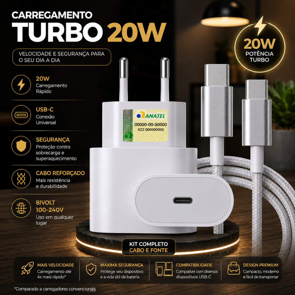 Kit Carregador Turbo iPhone 15 16 17 Pro Max PD Para Celular USB-C Cabo Reforçado Carregamento Rápido
