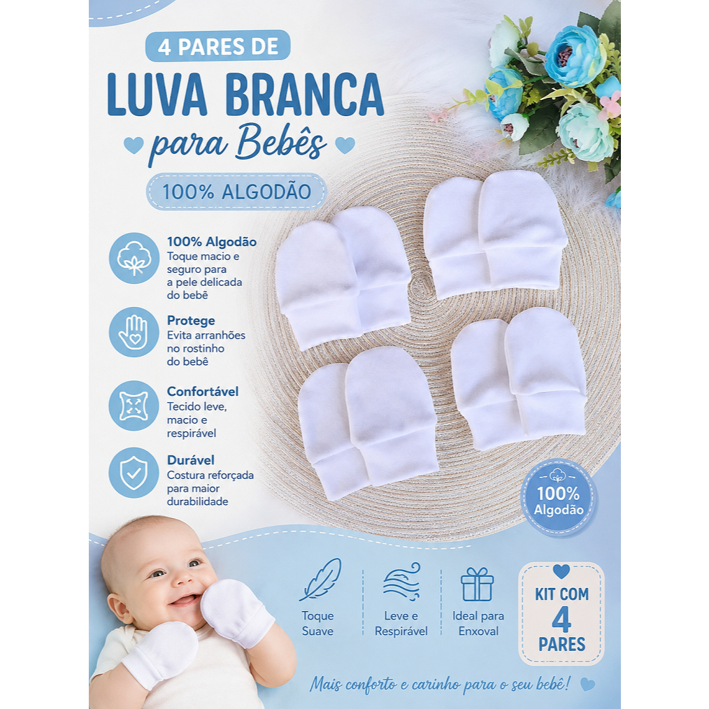4 Pares Luva de Bebê Em Suedine 100% Algodão | Maternidade Recém Nascido