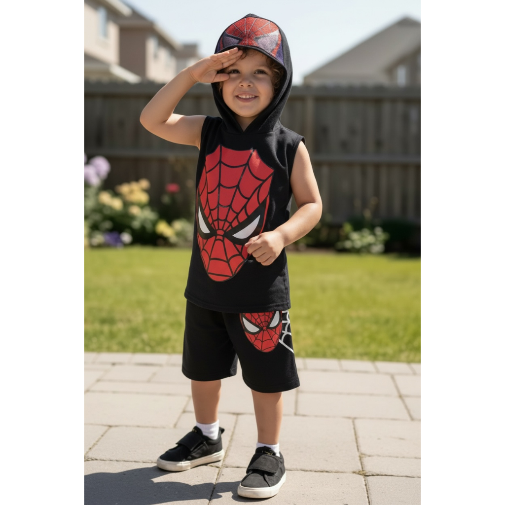 Conjunto Infantil Homem-Aranha Regata com Capuz Menino Short Verão Envio Já