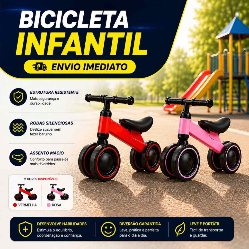 Bicicleta De Equilíbrio Andador Infantil Sem Pedal 4 Rodas