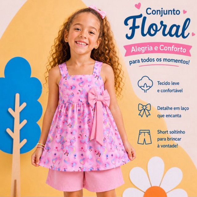 Conjunto Infantil Feminino Blusa Estampada + Shorts Verão Confortável Menina 6 e 8 Anos