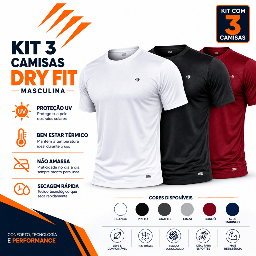 Kit com 3 Camisetas Masculinas Academia Dry Fit com Elastano Esportiva Treino Crossfit Proteção UV Conforto Térmico
