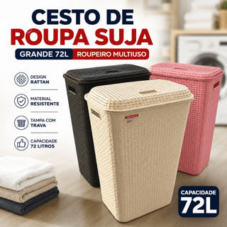 Cesto de Roupa Suja Grande 72L Rattan Roupeiro Organizador para Lavanderia Banheiro Famíl…