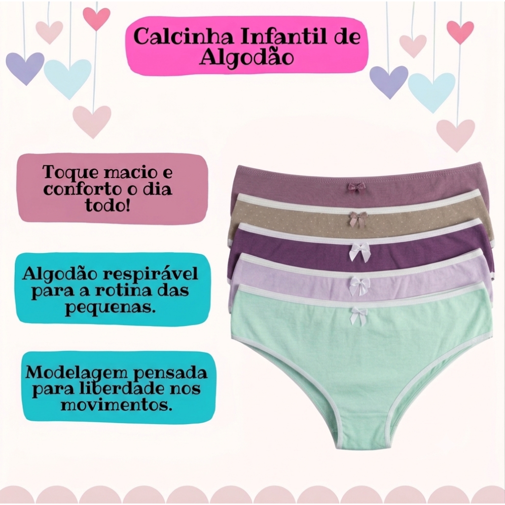 Kit 7 Calcinhas Infantil Menina Moça Confortáveis, Forro de Algodão, Dia a Dia Promoção, cores sortidas , 100 % Algodão
