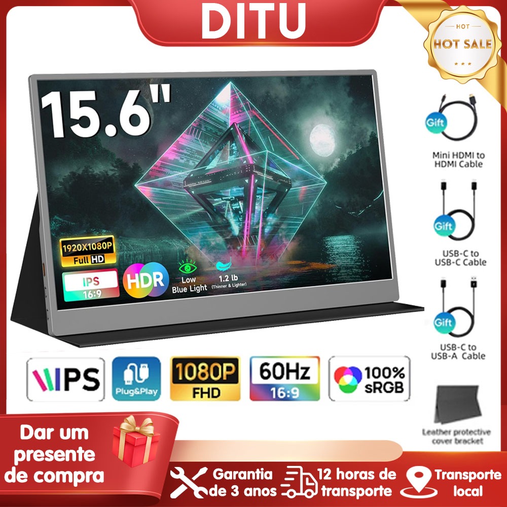 【40% Desconto + Cupom】DITU Portable ultrafino Monitor Portátil  15.6''FHD HDR, 60HZ 400Nits 1000:1 IPS 100%sRGB origi