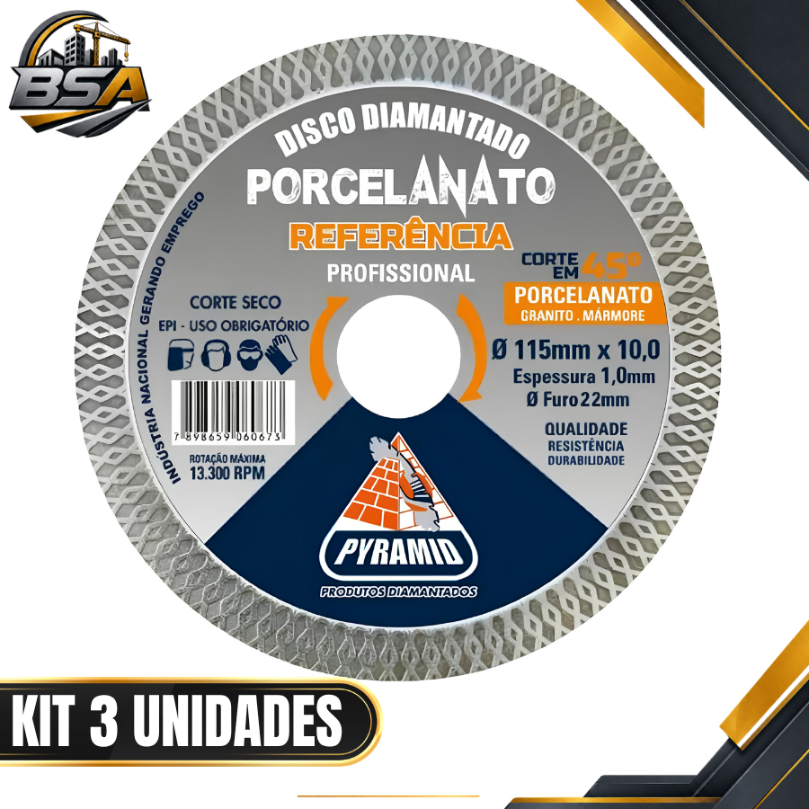 Kit 3 unidades Disco Porcelanato Referencia furo 20mm Corte 45° Ultra Fino 115mm