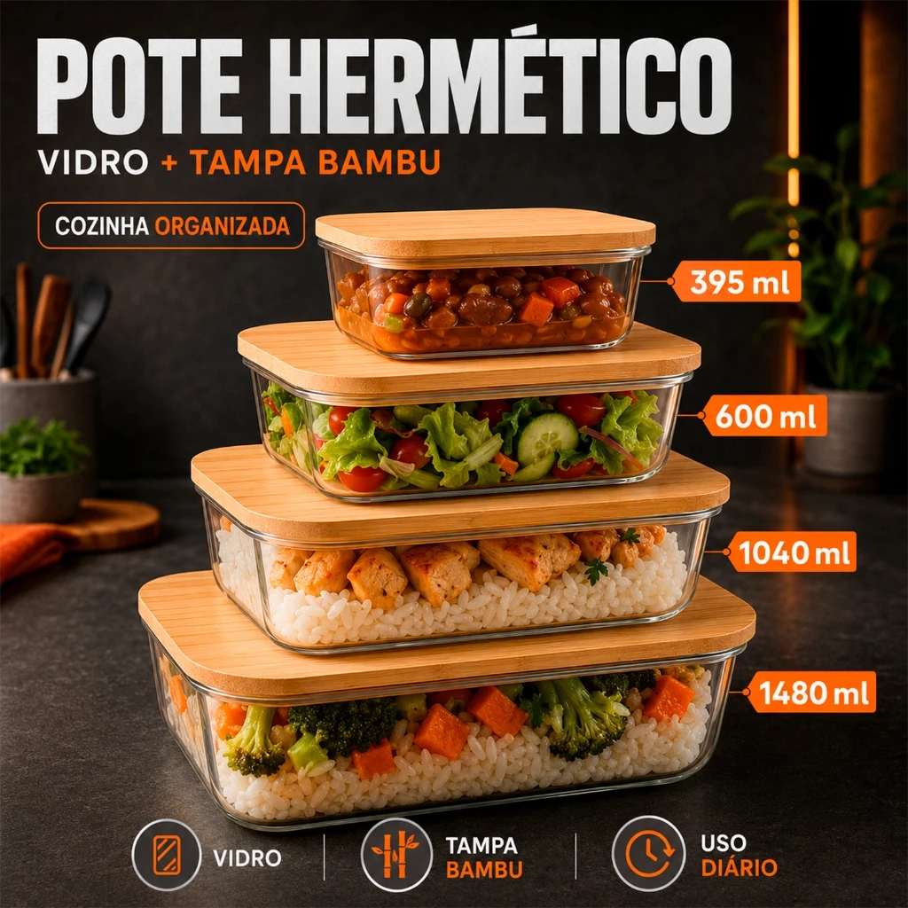 Pote De Vidro Hermético Quadrado Marmita Potes Conjunto Tampa Bambu