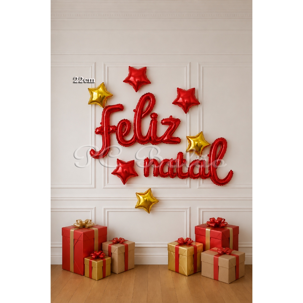Kit 7 Balão Metalizado 1 Frase FELIZ NATAL VERMELHO 100cm + 6 ESTRELA 22CM (3 VERMELHO 3 DOURADO)
