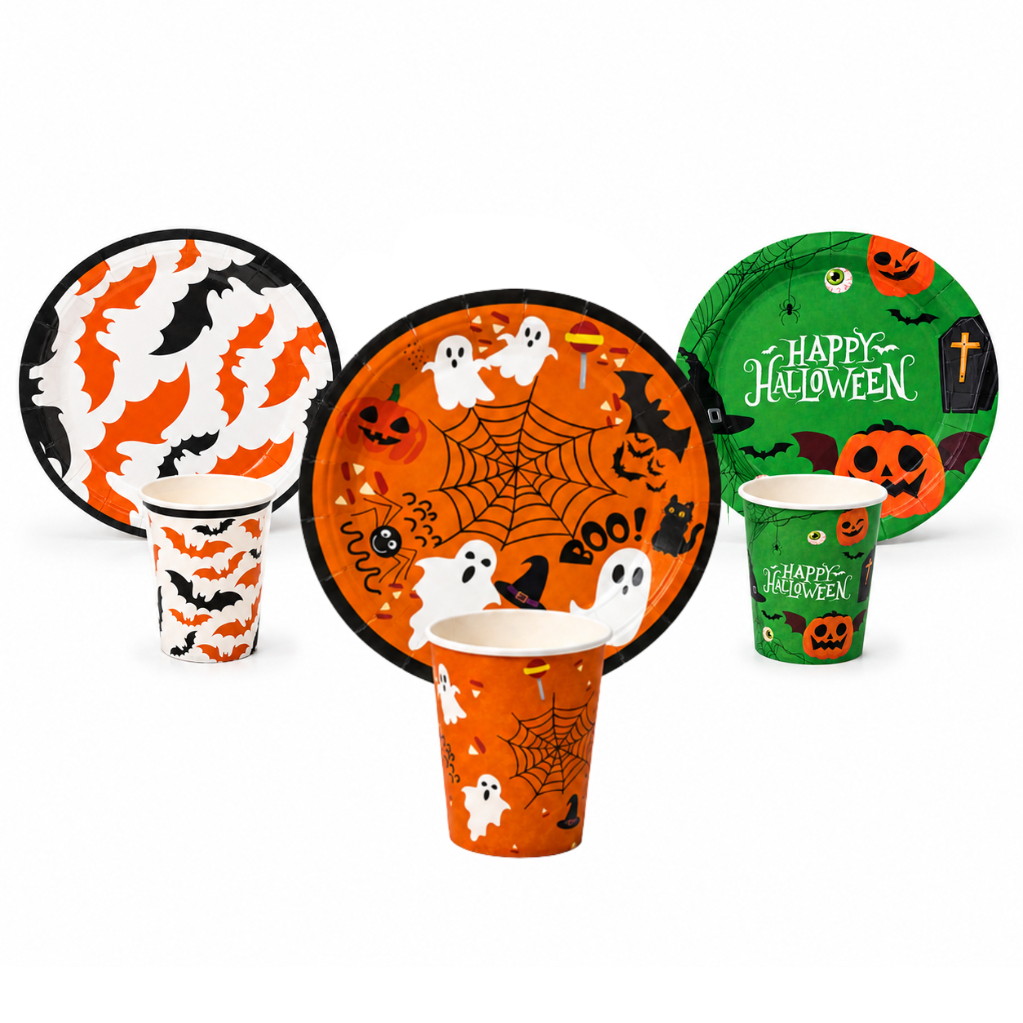 Kit Descartáveis 10 Pratos + 10 Copos Tema Halloween Personagens Festa Dia das Bruxas Decoração