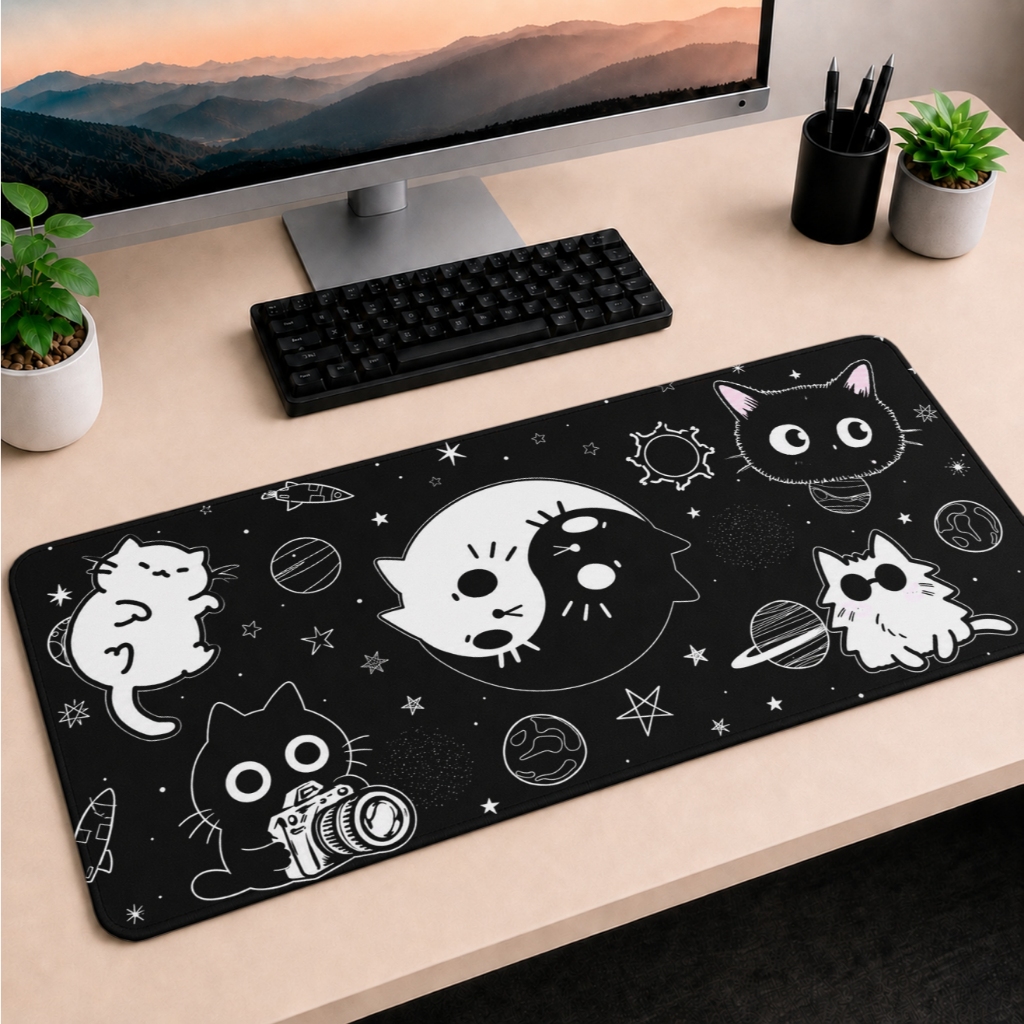Mouse Pad Gamer Gato Preto Fofos 90x40 70x35 50X40 25x20 Yin Yang Informática
