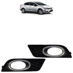Par Moldura Grade Milha Civic LXR 2012 2013 2014 Preto Aro Cromado
