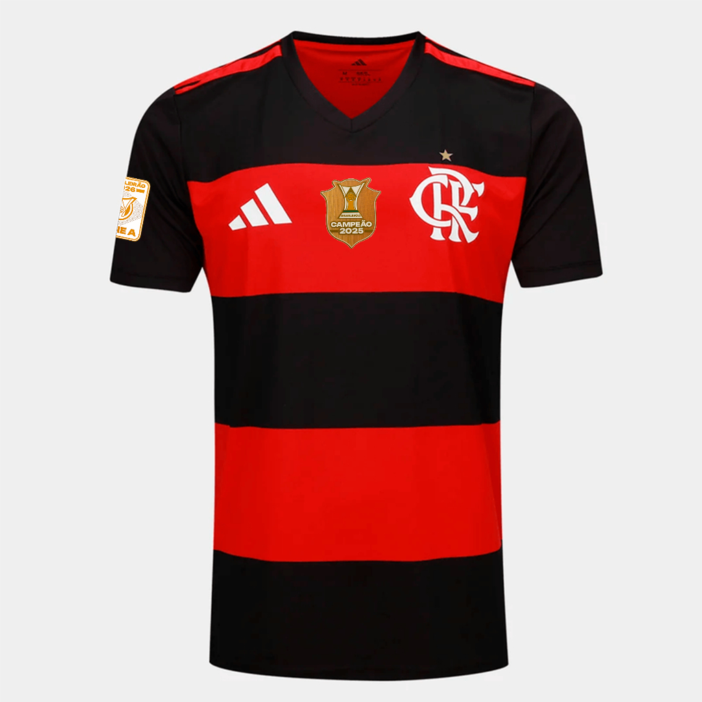 Manto Flamengo Fan Masculina Jogo 1 Adidas 2026 + Kit Patchs Campeão Brasileirão 2025
